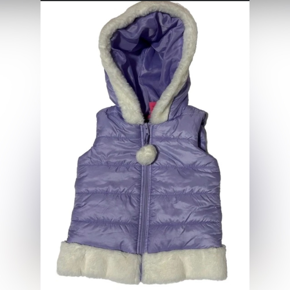 Isaac Mizrahi Lavender Hooded puffer Vest with white fur trim size 8